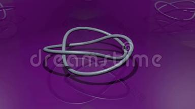金属结的三维动画，银色物体在深紫色背景上具有镜面效果。 结在紫色的空间里旋转